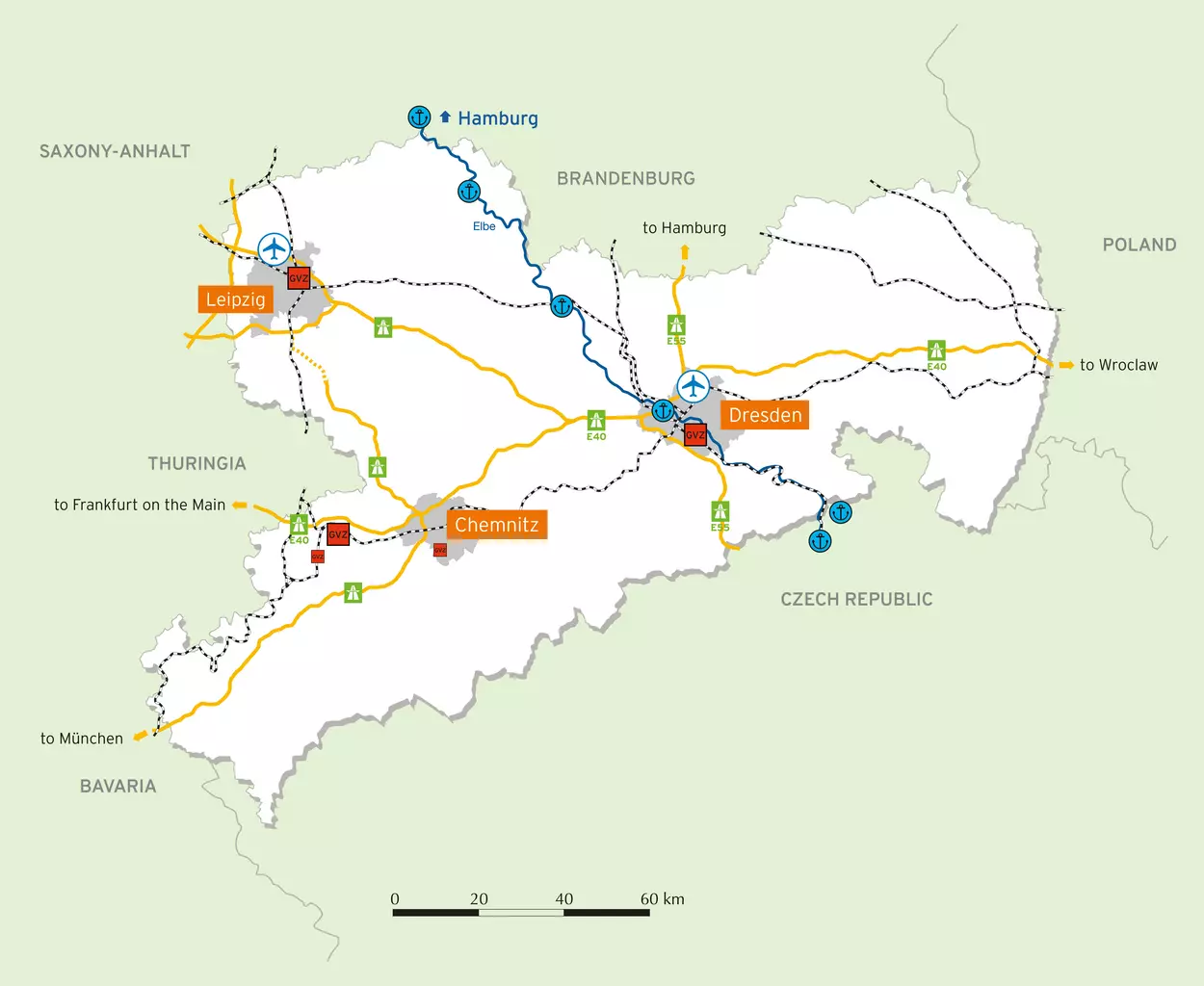 Map: Saxony's Infrastructure (Source: Saxony Trade & Invest Corp. - WFS)